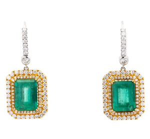 Boucles d'oreilles pendantes classiques taille émeraude, plaqué or 18 carats, halo de diamants, bijoux de mariage pour femme, style géométrique - Product Image 1
