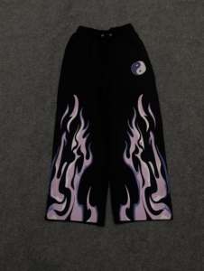 Pantalon de survêtement de qualité supérieure, vente en gros, mode japonaise, broderie Kanji, imprimé flamme noire personnalisé, coupe large - Product Image 2