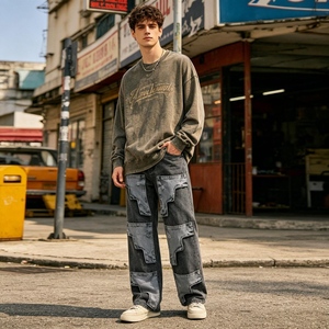 Men's High Waist Ripped Wide Leg <b>Jeans</b> Distressed Cotton Casual Pants Autumn Style Button Fly - Product Image 4