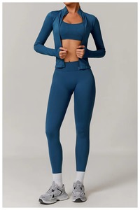 Ensemble de leggings de yoga sans couture à taille haute et manches longues, col rond, couleur unie, 2 pièces, en Spandex/Nylon extensible dans les quatre sens - Product Image 4
