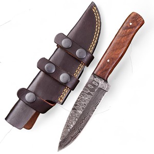 Cuchillo de Supervivencia EDC de Acero de Damasco Hecho a Mano con Hoja Fija de Madera de Palisandro, Punta de Gota, para Bushcraft y Camping, con Funda, Espiga Completa, Grado Industrial, OEM OBM - Product Image 1