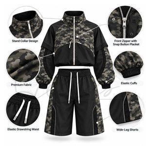 Custom Logo Two Piece Windbreaker Set Stand Collar Waterproof Crop <b>Jacket</b> and Shorts <b>Women</b> Spring/<b>Summer</b> Wholesale Supplier - Product Image 3