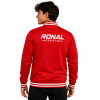 Veste de sport rouge pour homme RONAL SPORTS avec bordure à rayures blanches et logo imprimé au dos Coupe classique Col rabattu Fermeture éclair