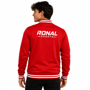 เสื้อแจ็คเก็ตวาร์ซิตี้สีแดงสำหรับผู้ชาย RONAL SPORTS พร้อมแถบสีขาวและโลโก้พิมพ์ด้านหลัง ทรงปกติ คอปกพับ ปิดด้วยซิป - Product Image 4
