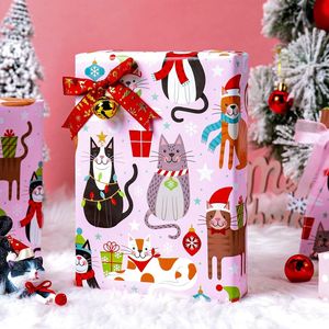 Rotolo di Carta da Regalo Natalizia con Gatto Rosa e Pois, Carta da Regalo Reversibile con Decorazioni Natalizie, Accessori per le Festività - Product Image 2