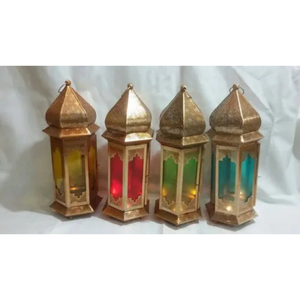 Moroccan-style metal <b>tealight</b> <b>lanterns</b>, featuring multi-colored glass panels - Product Image 1