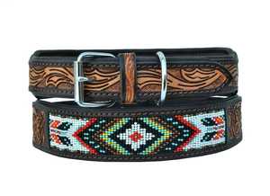 Collier pour chien en cuir véritable fait main avec motif géométrique perlé, design tribal, fermeture à boucle réglable, utilisable toute l'année - Product Image 2