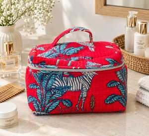 VEER HANDIRCRAFTS Red Animal Print Quilted Cotton <b>Cosmetic</b> <b>Case</b> Large Zipper Closure Vintage Style Soft Handle Water Bag - Product Image 3