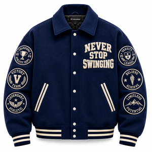 Chaqueta Varsity Bordada 'Never Stop Swinging' en Color Azul, Estilo Preppy para Hombre, Chaqueta de Béisbol de Algodón, Corte Regular para Otoño - Product Image 4