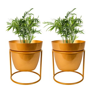 Juego de 2 Macetas de Metal Dorado con Soportes de Hierro, Macetas Elevadas de Lujo para Interiores Elegantes, Jardín Interior Moderno - Product Image 1