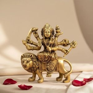 Figurine de Durga en laiton plaqué or de qualité supérieure, montée sur un lion, art religieux, objet de collection, sculpture 3D - Product Image 6