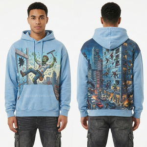 Sudadera con Capucha Personalizada con Estampado Completo, Azul, para Hombre, Estilo Urbano, Diseño Gráfico de Limpiaparabrisas Zombi, Ilustración de Paisaje Urbano - Product Image 1
