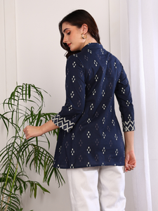 Cotton Geometric Print Short <b>Kurti</b> Blue & Ikat Printed A Line Kurta Collection Collared Neck Three Fourth Sleeve Women Clothing - Product Image 3