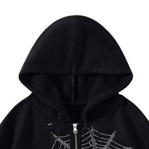 Sweat à capuche Wearpex Spider Web Rhinestone 100% coton molletonné pour homme et femme, fermeture éclair noire, style streetwear oversize unisexe, bling, luxe, hip-hop - Product Image 6