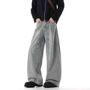 Men's Winter Mid-Waist Cleanfit Retro Washed Denim Pants – Light Blue Distressed Wide Leg Cotton <b>Jeans</b> - Product Image 5