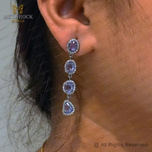 Natural Blue Sapphire & Halo Diamond Long <b>Earrings</b> Oxidized 925 Sterling Silver <b>Dangle</b> Drop <b>Earrings</b> Handmade Wholesale - Product Image 3