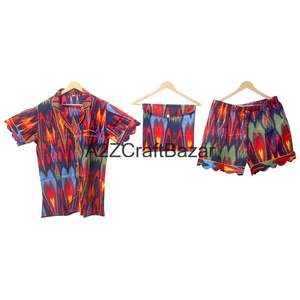 Conjunto de Pijama de Algodón 100% Puro, Lujoso, Elegante, Romántico, Clásico, para Vacaciones de Verano, con Estampado a Mano, Pantalones Cortos Tipo Canguro, Transpirable - Product Image 4