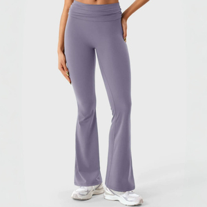 Women's High Waist <b>Flare</b> <b>Leggings</b> Solid Color Knitted Casual Full Length Pants Spandex Nylon Material Women's Loose Pant - Product Image 1