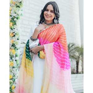 Conjunto de Traje de Chifón para Mujer Chaaya, Blanco, 100% Poliéster, Transpirable, Estampado por Sublimación, Elegante, Estilo Étnico, Kurta, Dupatta, para Fiesta - Product Image 6