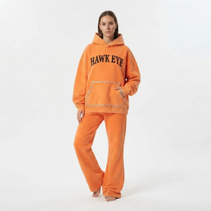 Custom <b>Women</b>’s Acid Wash Heavyweight Cotton Fleece Rhinestone Pullover Hoodie Wide Leg Pants Two Piece Winter <b>Tracksuit</b> - Product Image 6
