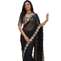 Sari d'été en faux georgette pour occasions spéciales, avec broderie de paillettes et miroirs, style traditionnel ethnique, coupe ajustée