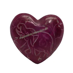 Elephant And leaf Engraving Soapstone Heart In Magenta Color For Home Table And Desk Decoration