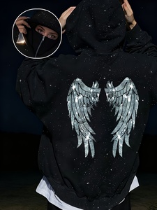 Sudadera con capucha de algodón prémium con cremallera completa, diseño de águila con pedrería negra, estilo urbano, talla grande, para hombre y mujer, de fábrica - Product Image 4