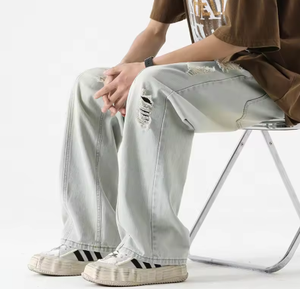 Pantalones casuales de hombre de verano, vaqueros rasgados de pierna recta holgada, estilo retro con cordón, de marca de moda, que combinan con todo - Product Image 2