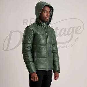 Veste matelassée en cuir vert foncé pour homme, chaude et rembourrée, avec capuche, en similicuir, idéale pour l'hiver et les températures froides. - Product Image 5