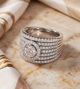 Multi Row Lab Grown Diamond 14kt Gold Rhodium Plated Brilliant Halo Cluster Wide Band <b>Ring</b> for Women | Engagement Wedding Gift - Product Image 4