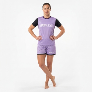 Conjunto de camiseta de fútbol para mujer, color morado, negro, manga corta, cuello redondo, top y pantalón corto, ropa deportiva para todas las estaciones - Product Image 2