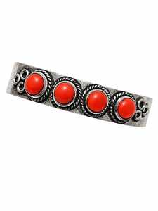 <b>Red</b> Handmade Vintage Coral Four Stone Boho Wide Cuff Bangle Gold Plated Oxidized Silver Finish Brass Jewelry - Product Image 1