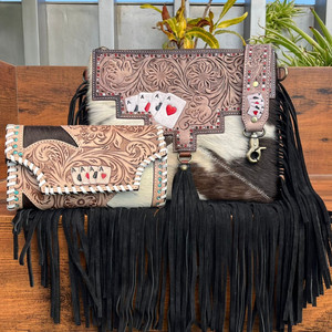 Sac à bandoulière à franges en cuir fait main et sac à bandoulière en cuir de vachette porte-cartes en cuir repoussé à la main ensemble de portefeuilles pour femmes - Product Image 2