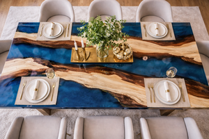 Table à manger de luxe en résine époxy, style rivière, avec bord naturel, en bois bleu océan, faite à la main, mobilier de salle à manger - Product Image 4