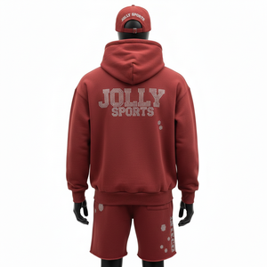 Conjunto de Sudadera con Capucha y Pantalones Cortos para Hombre, Algodón Grueso de 320 GSM, Color Granate Cálido, Logotipo Termoadhesivo, Ajuste Personalizado - Product Image 2