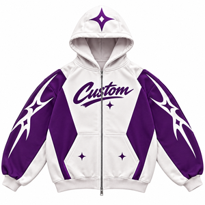 Veste à capuche zippée avec motif graphique blanc et violet, manches contrastées, style streetwear, pour homme et femme. - Product Image 1