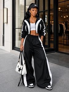 Ensemble de survêtement 2 pièces pour femme : veste courte zippée et pantalon large, léger, color block, style rétro sportif streetwear - Product Image 6