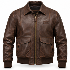 <b>Mens</b> Vintage <b>Brown</b> Genuine <b>Leather</b> Flight <b>Jacket</b> Custom OEM Pilot Bomber Outerwear Warm Winter Flap Pocket Coat Factory - Product Image 1