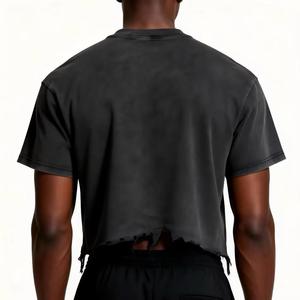 Custom Acid Wash Regular Heavyweight 100% Cotton Worsted O-Neck Screen Print Men's Crop T-Shirt Distressed Streetwear - Product Image 5