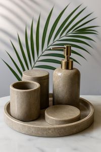 Ensemble de salle de bain en marbre - Ensemble d'accessoires de bain rustiques en pierre naturelle 5 pièces avec distributeur et plateau |   Décoration de vanité artisanale - Product Image 2