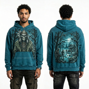 Sweat à capuche zippé marron délavé vintage avec motif squelette et feu, style streetwear vieilli, pour homme, en molleton épais, Fabricant - Product Image 3