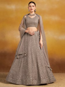 Gray Embroidered Crop <b>Top</b> Anarkali Lehenga Set Natural Waistline Faux Georgette Evening Dress <b>Net</b> Dupatta for Wedding Party Wear - Product Image 1