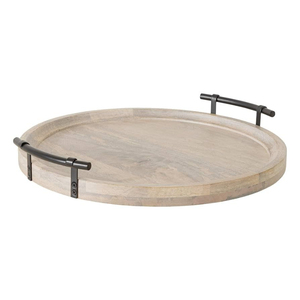 Plateau de service rectangulaire moderne en bois de manguier massif avec poignées métalliques, finition brun vintage poli, décoration intérieure pour usage en restaurant - Product Image 6
