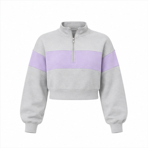 เสื้อสเวตเชิ้ตครอปครึ่งซิปสีเทาลาเวนเดอร์สำหรับผู้หญิง แบบคลาสสิก ขอบยางยืดเนื้อนุ่ม ผลิตจากผ้าฝ้ายผสม - Product Image 5