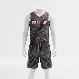 Ensemble de maillot et short de basketball pour hommes Ma-Attiera, noir et rose, respirant, 100% polyester, impression numérique, uniforme sportif d'équipe - Product Image 3