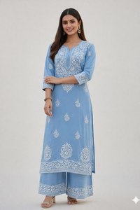 Latest Summer Collection Cotton <b>Chikankari</b> Embroidered Kurta Palazzo Set for Casual Daily and Office Wear for Women Comfortable - Product Image 5