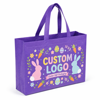 Sacs fourre-tout en tissu non tissé personnalisables avec logo, écologiques, recyclables et réutilisables, imprimés de motifs de lapins et d'œufs de Pâques pastel violets, en gros