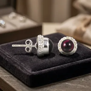 925 Sterling Silver <b>Garnet</b> Stud <b>Earrings</b> Handmade Round Red Gemstone Vintage Jewelry For Women Everyday Wear - Product Image 5