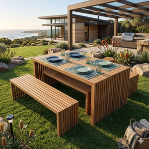 <span class=keywords><strong>Set</strong></span> da <span class=keywords><strong>Pranzo</strong></span> Moderno in Legno di Teak Massiccio per Esterni, <span class=keywords><strong>Design</strong></span> Personalizzabile con Doghe, Tavolo e Panche da <span class=keywords><strong>Giardino</strong></span>, Arredamento di Lusso per Patio per Spagna e Australia - Product Image 1