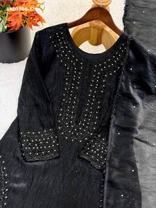 Conjunto de Kurti-Pantalón-Dupatta Negro de Manga Larga, Listo para Usar, con Bordado de Cuentas y Seda de Primera Calidad, Moda Femenina - Product Image 5